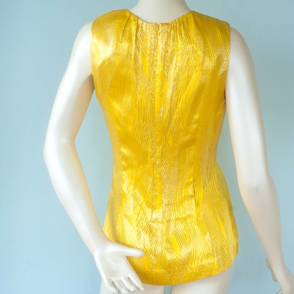 Tory Burch Fitted Sleeveless Metallic Yellow & Gold ‘Elson’ Silk Blouse, 2 - Picture 9 of 14